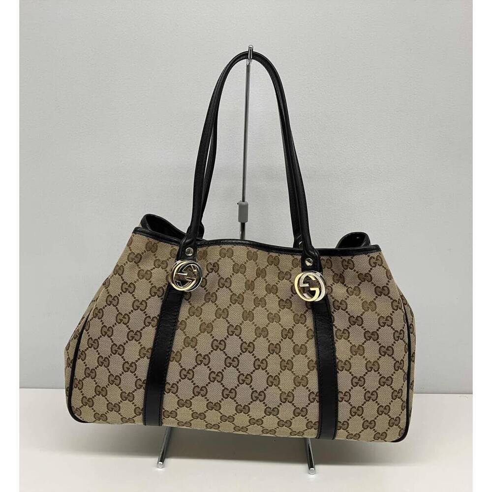 Gucci GG Twins Tote Bag beige canvas black leather